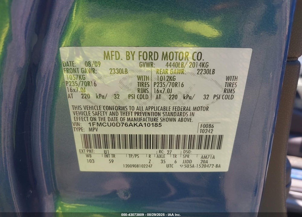 2010 FORD ESCAPE VIN: 1FMCU0D76AKA10185
