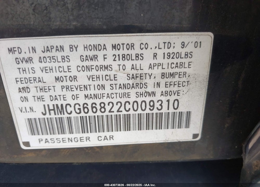 2002 HONDA ACCORD 2.3 EX/2.3 SE VIN: JHMCG66822C009310