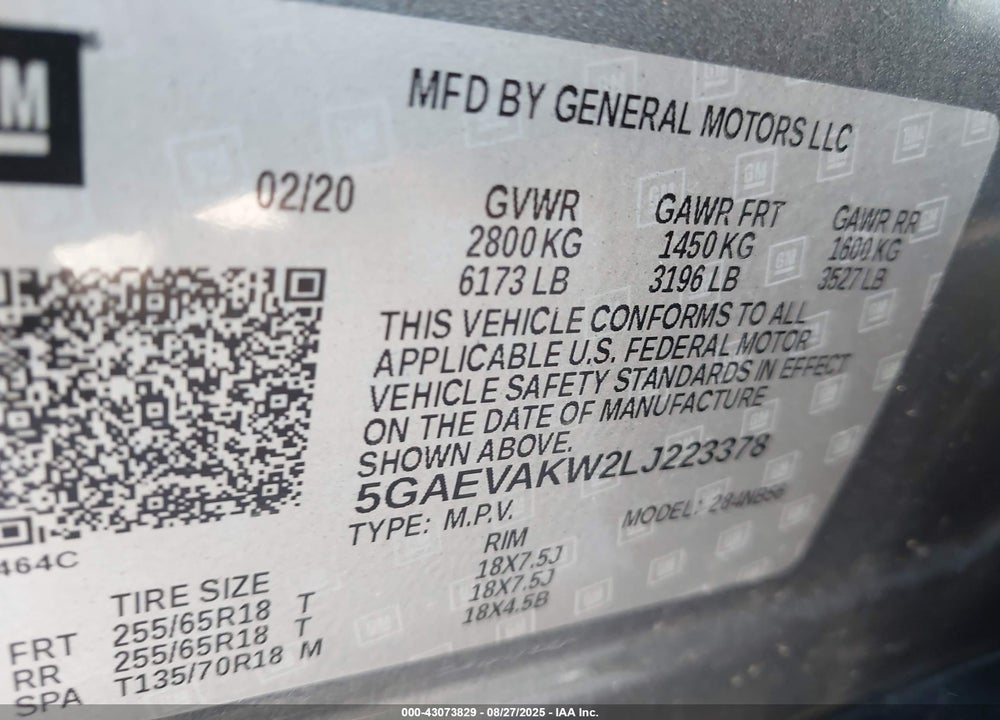 2020 BUICK ENCLAVE VIN: 5GAEVAKW2LJ223378