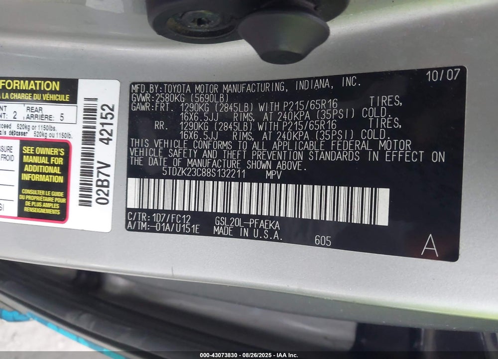 2008 TOYOTA SIENNA LE VIN: 5TDZK23C88S132211