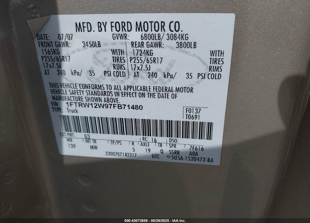 2007 FORD F-150 XLT VIN: 1FTRW12W97FB71480