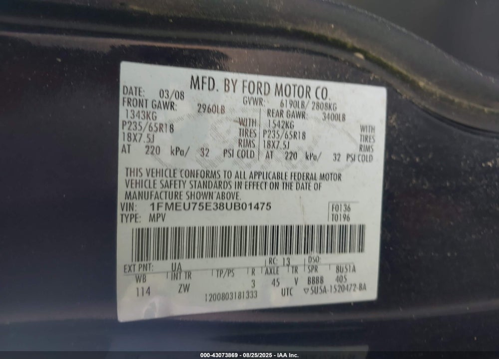 2008 FORD EXPLORER LIMITED VIN: 1FMEU75E38UB01475