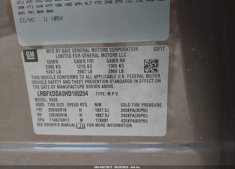 2017 BUICK ENVISION ESSENCE VIN: LRBFXDSA0HD180294