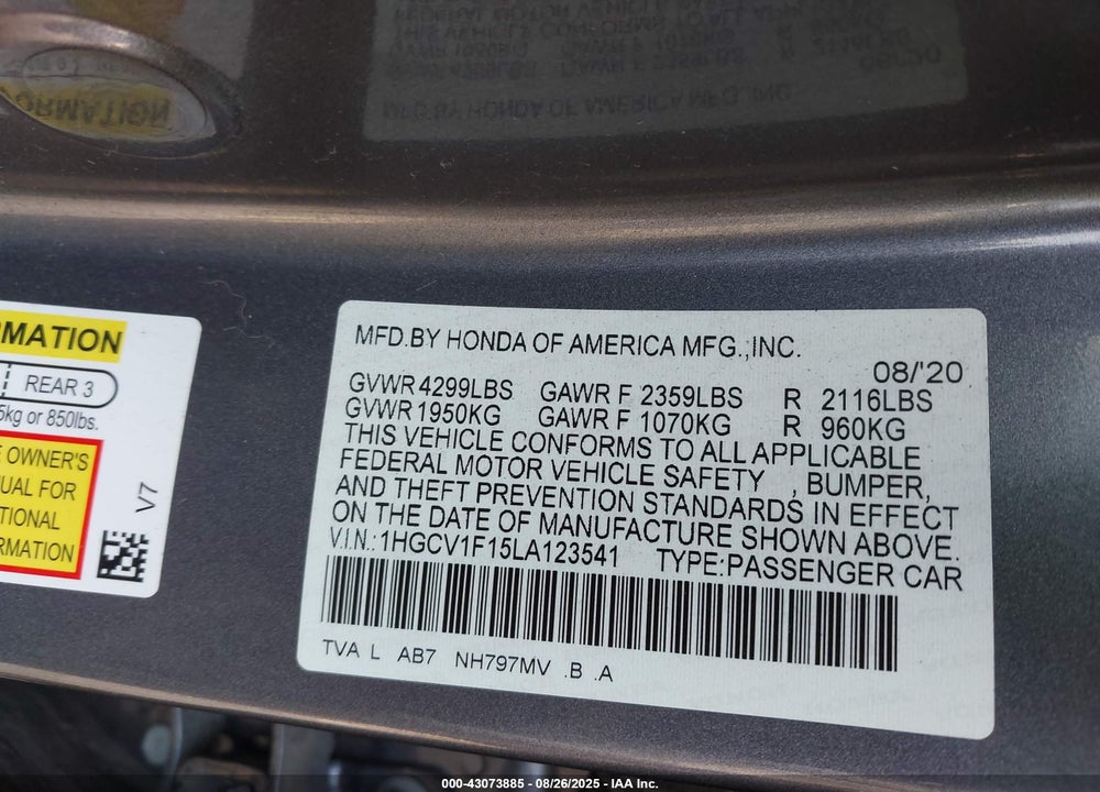 2020 HONDA ACCORD VIN: 1HGCV1F15LA123541