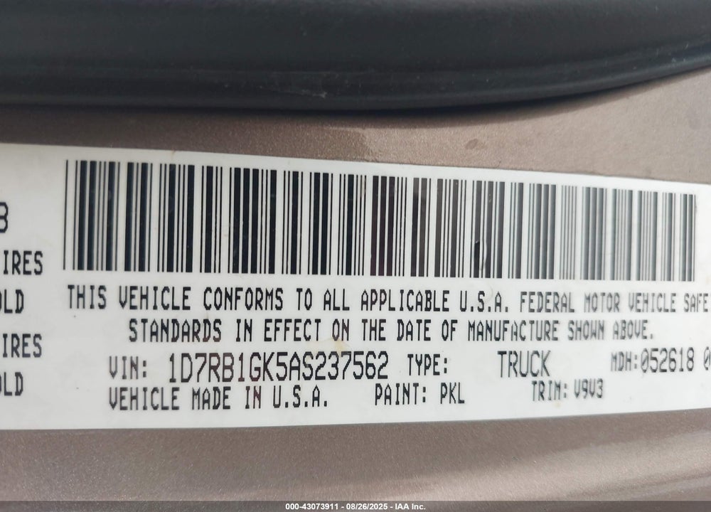2010 DODGE RAM 1500 VIN: 1D7RB1GK5AS237562
