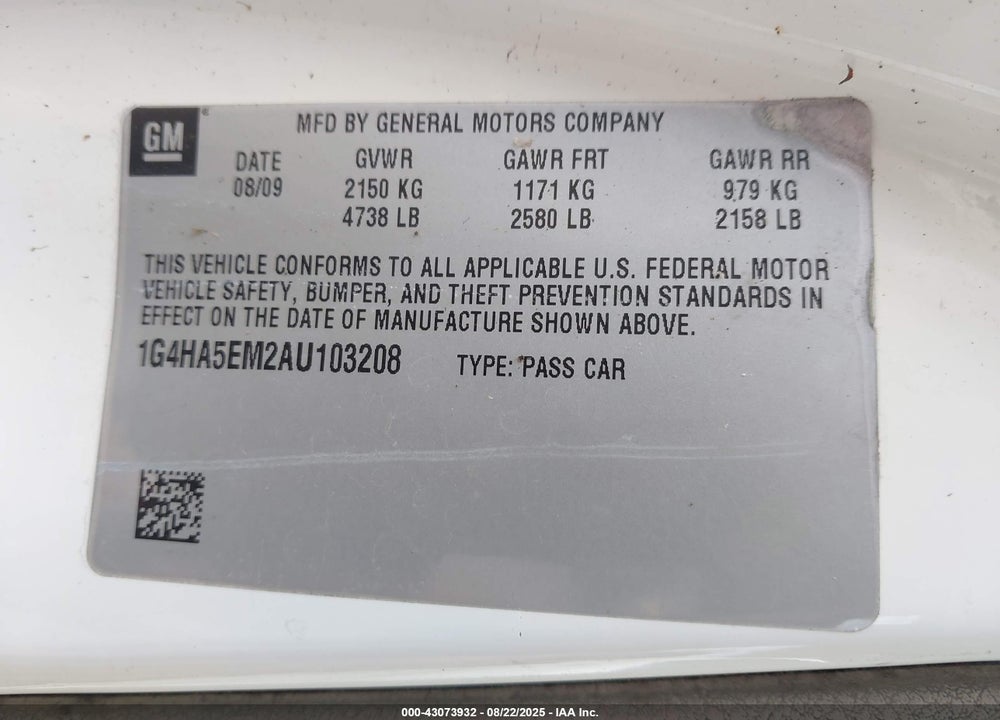 2010 BUICK LUCERNE CX VIN: 1G4HA5EM2AU103208