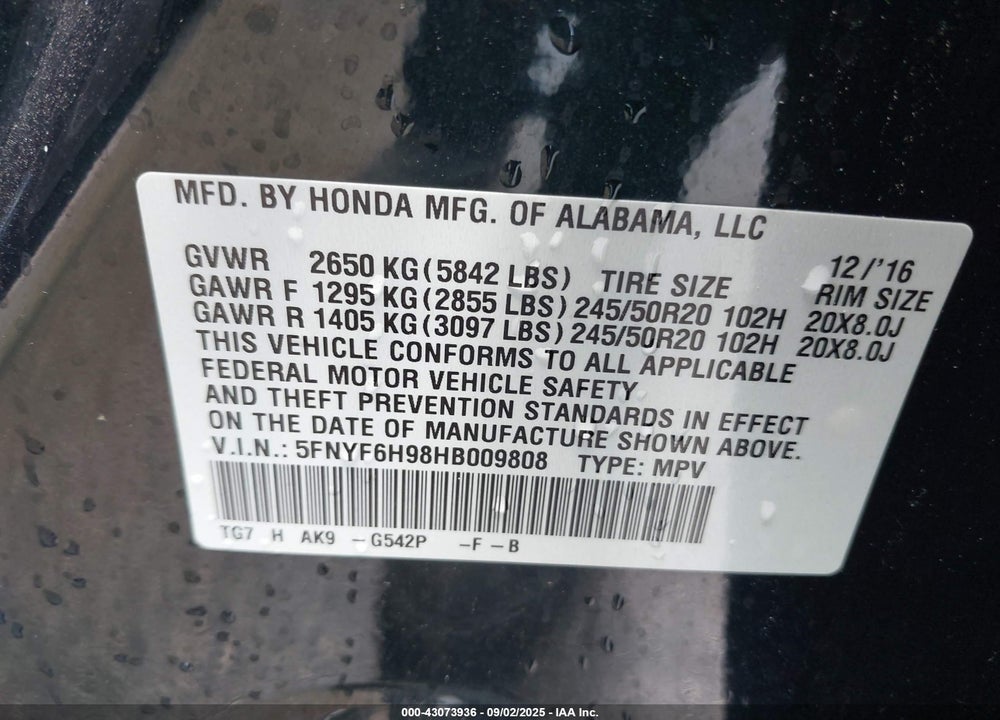 2017 HONDA PILOT VIN: 5FNYF6H98HB009808