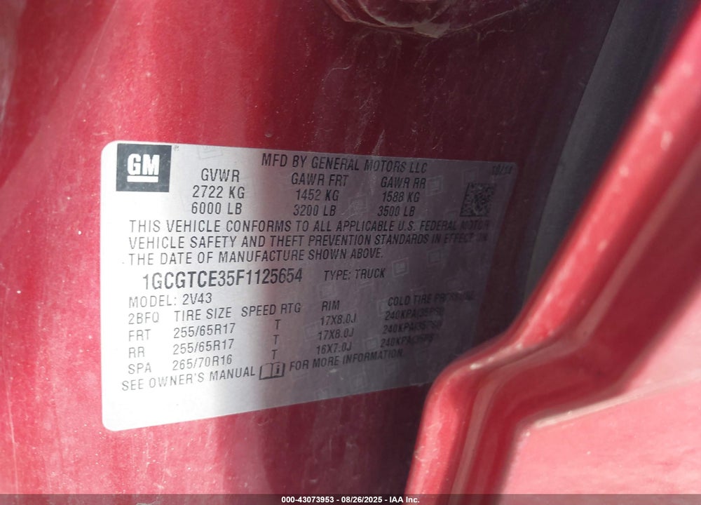 2015 CHEVROLET COLORADO Z71 VIN: 1GCGTCE35F1125654
