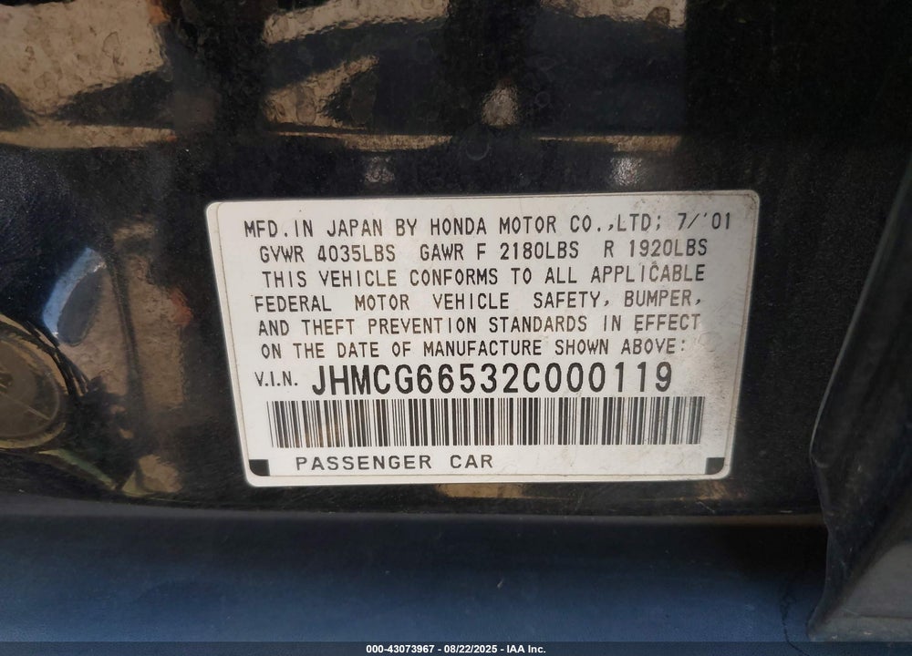 2002 HONDA ACCORD 2.3 LX VIN: JHMCG66532C000119
