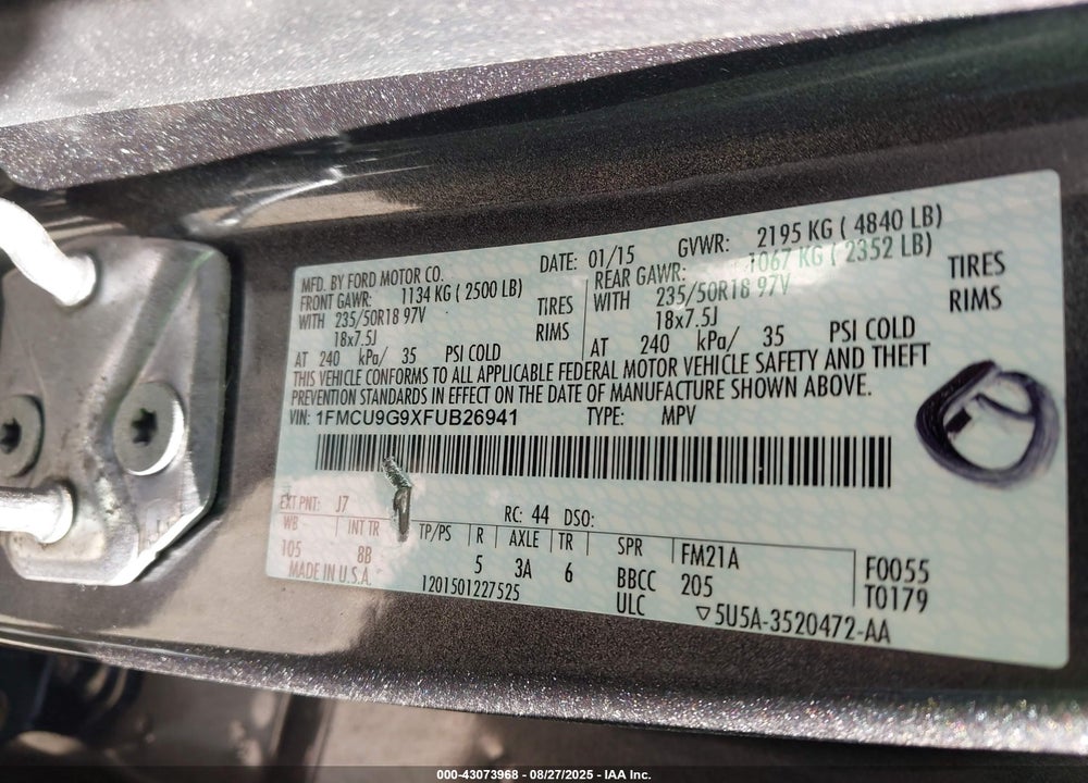 2015 FORD ESCAPE VIN: 1FMCU9G9XFUB26941