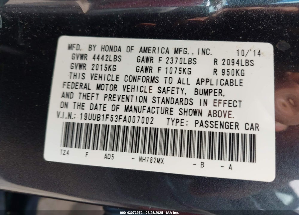 2015 ACURA TLX VIN: 19UUB1F53FA007002