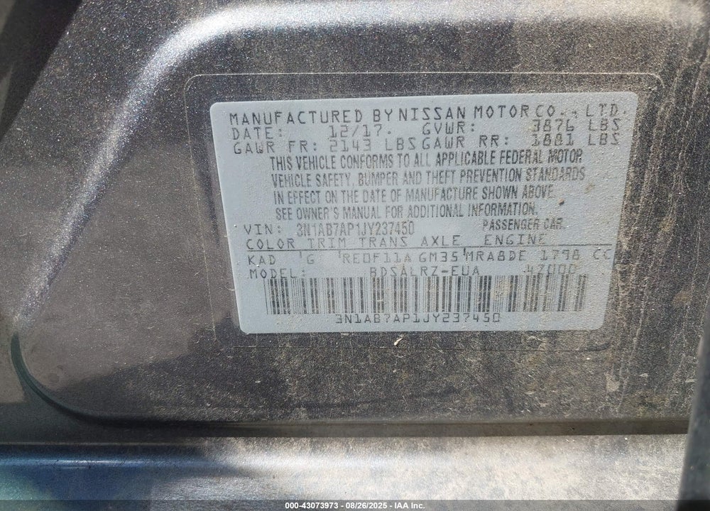 2018 NISSAN SENTRA VIN: 3N1AB7AP1JY237450