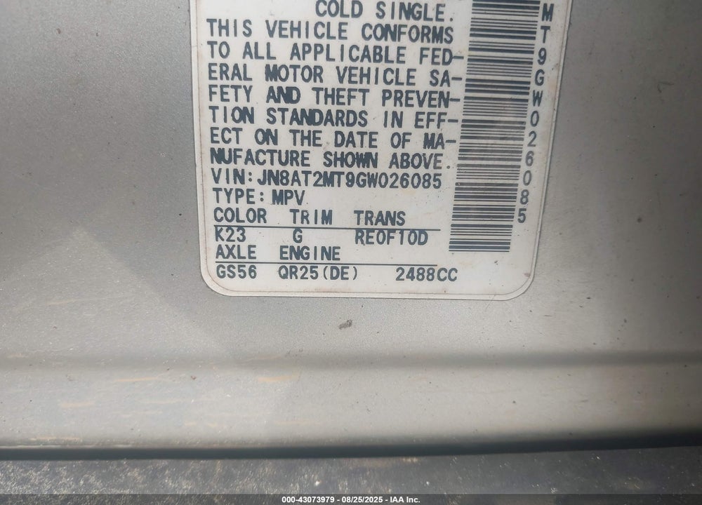 2016 NISSAN ROGUE S VIN: JN8AT2MT9GW026085