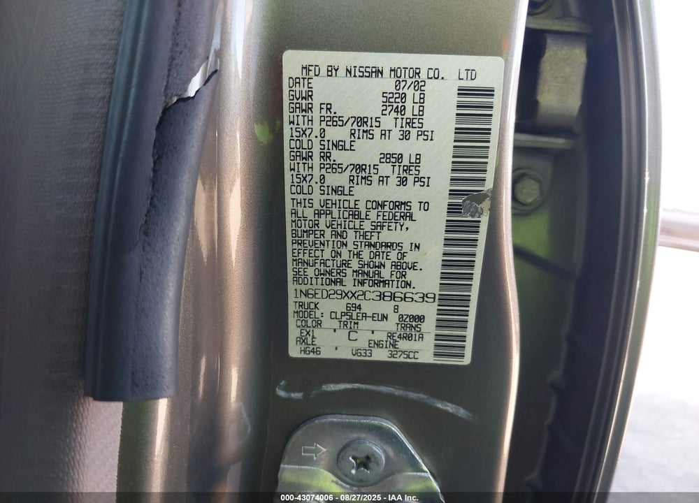 2002 NISSAN FRONTIER XE-V6 VIN: 1N6ED29XX2C386639