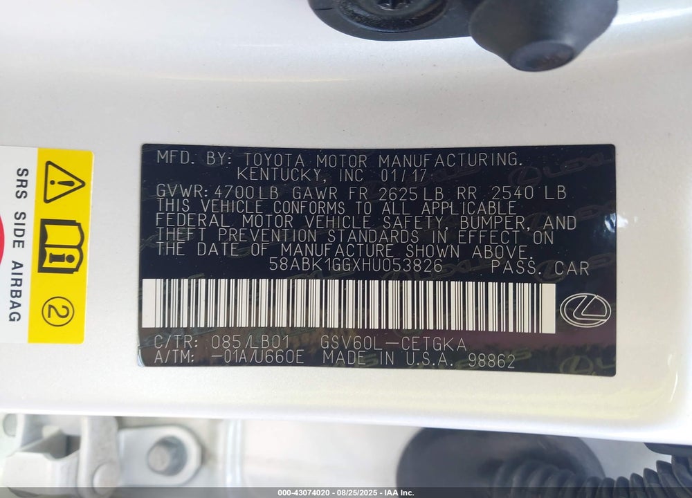 2017 LEXUS ES 350 VIN: 58ABK1GGXHU053826