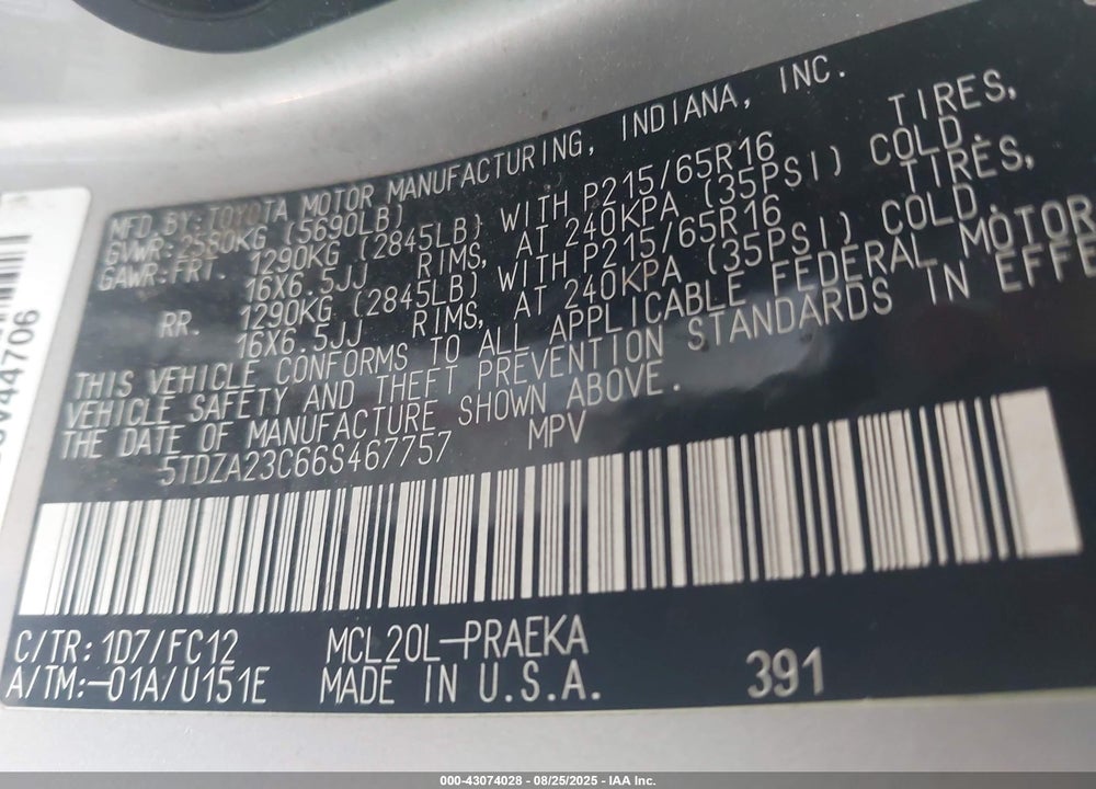 2006 TOYOTA SIENNA LE VIN: 5TDZA23C66S467757