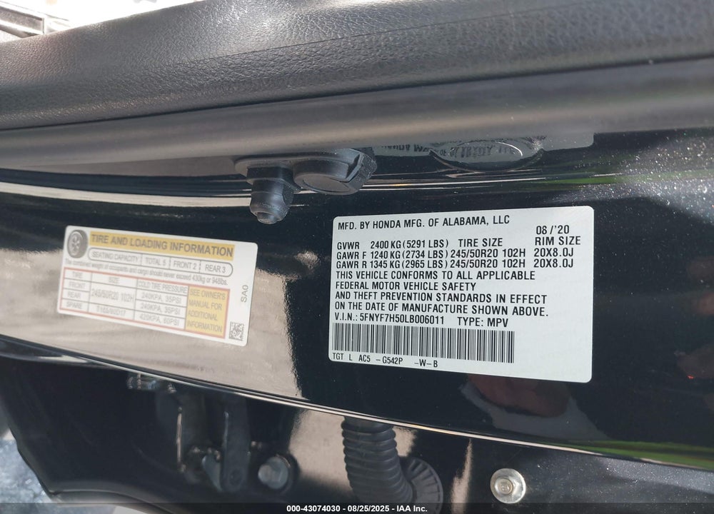 2020 HONDA PASSPORT 2WD EX-L VIN: 5FNYF7H50LB006011