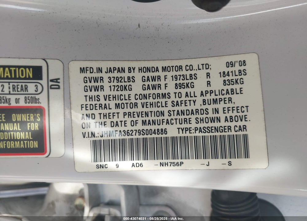 2009 HONDA CIVIC HYBRID VIN: JHMFA36279S004886