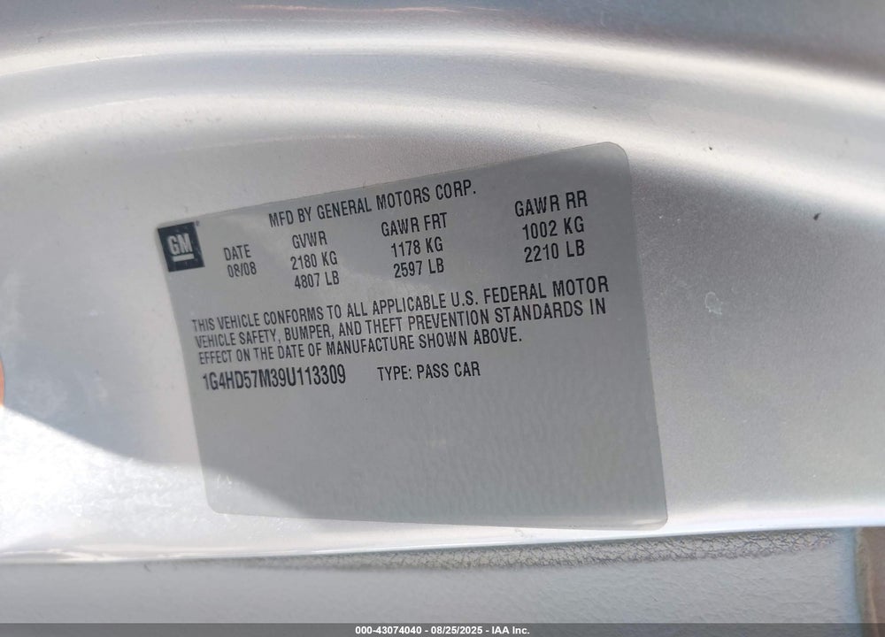 2009 BUICK LUCERNE VIN: 1G4HD57M39U113309