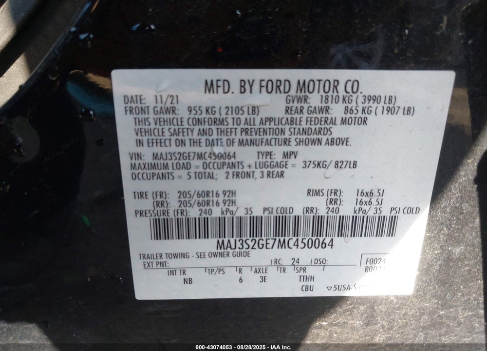 2021 FORD ECOSPORT VIN: MAJ3S2GE7MC450064