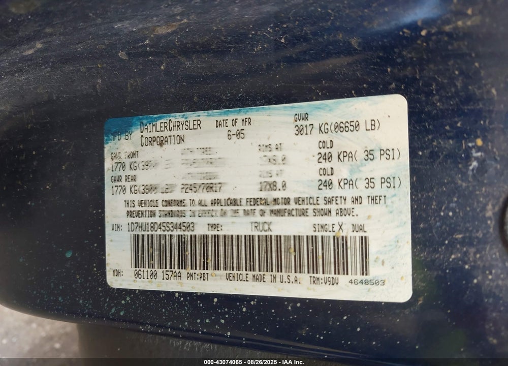 2005 DODGE RAM 1500 SLT/LARAMIE VIN: 1D7HU18D45S344503
