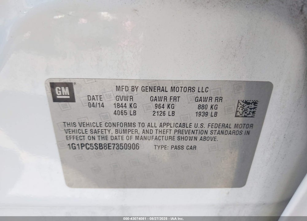 2014 CHEVROLET CRUZE VIN: 1G1PC5SB8E7350906