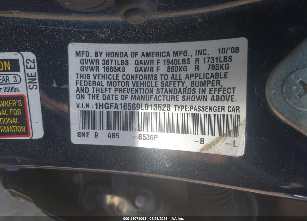 2009 HONDA CIVIC VIN: 1HGFA16569L013526