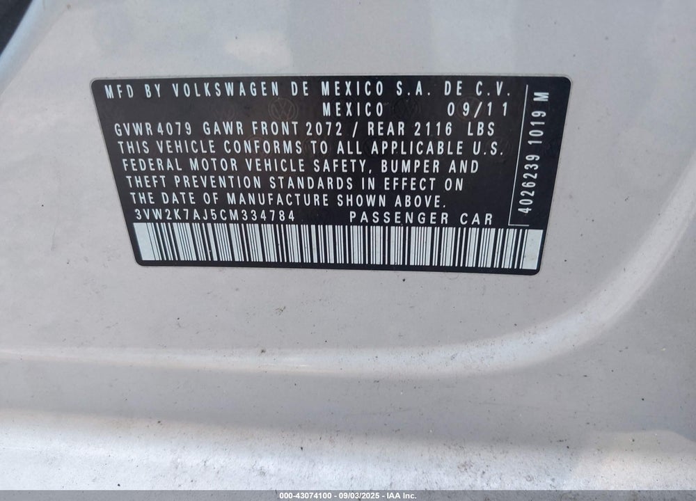 2012 VOLKSWAGEN JETTA VIN: 3VW2K7AJ5CM334784