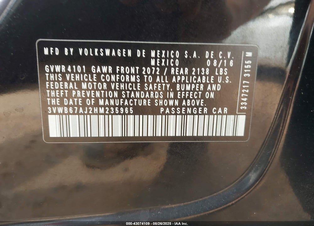 2017 VOLKSWAGEN JETTA VIN: 3VWB67AJ2HM235965