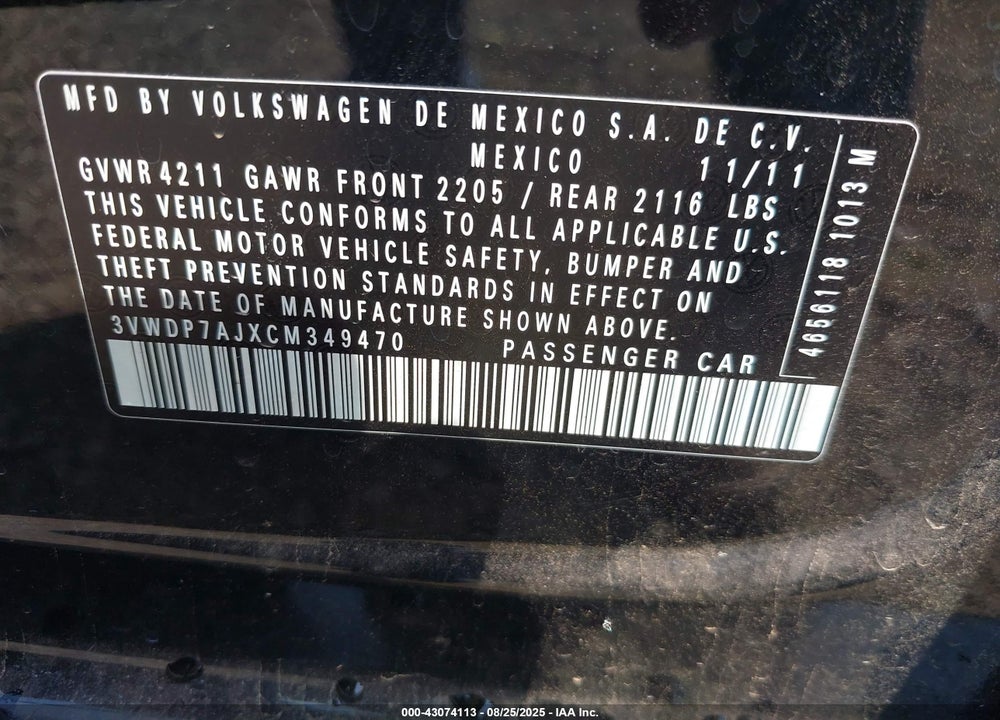 2012 VOLKSWAGEN JETTA VIN: 3VWDP7AJXCM349470