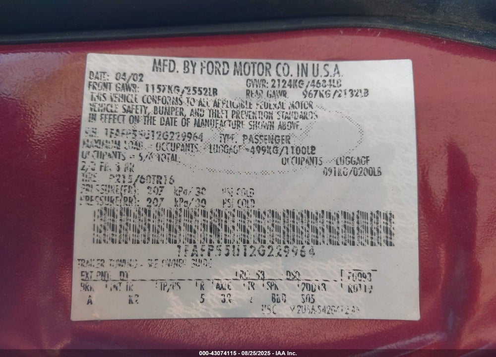 2002 FORD TAURUS SES VIN: 1FAFP55U12G229964