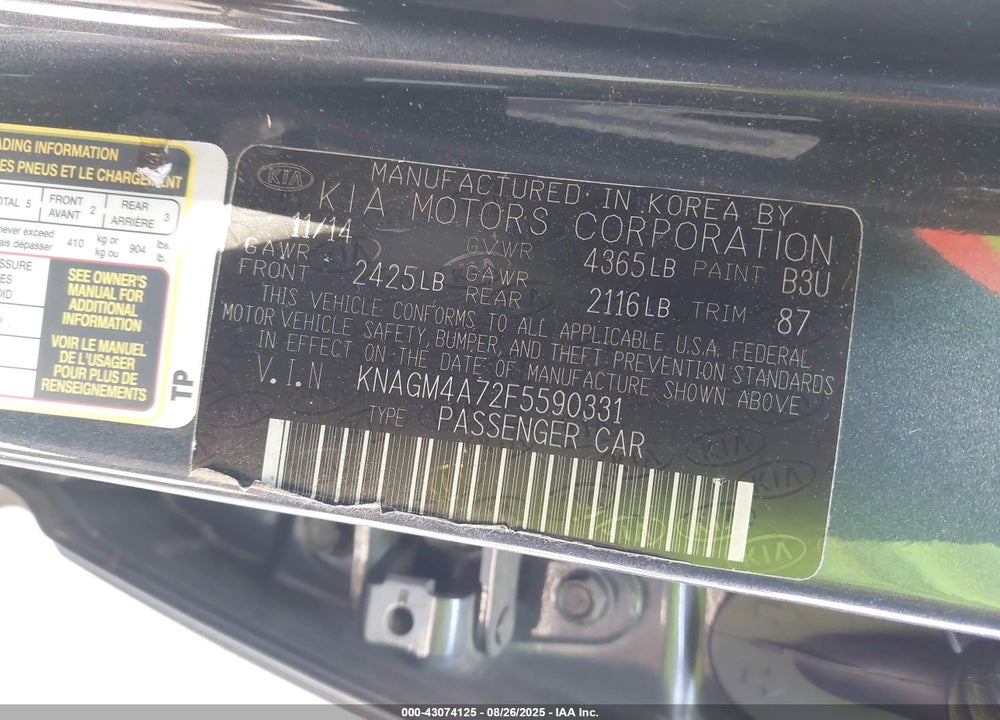 2015 KIA OPTIMA VIN: KNAGM4A72F5590331