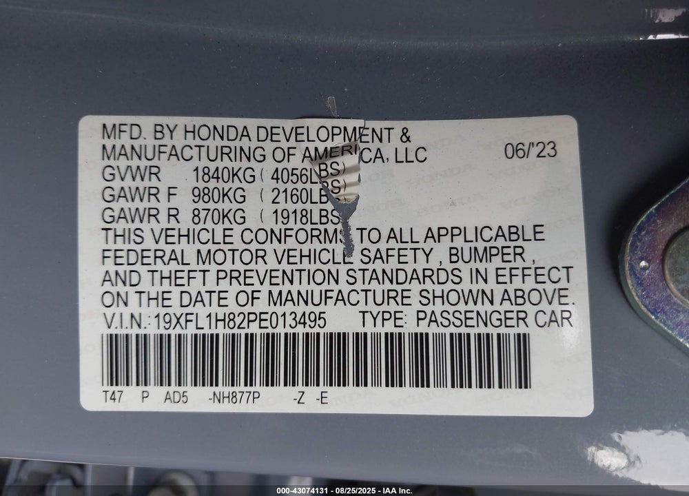 2023 HONDA CIVIC SPORT TOURING VIN: 19XFL1H82PE013495