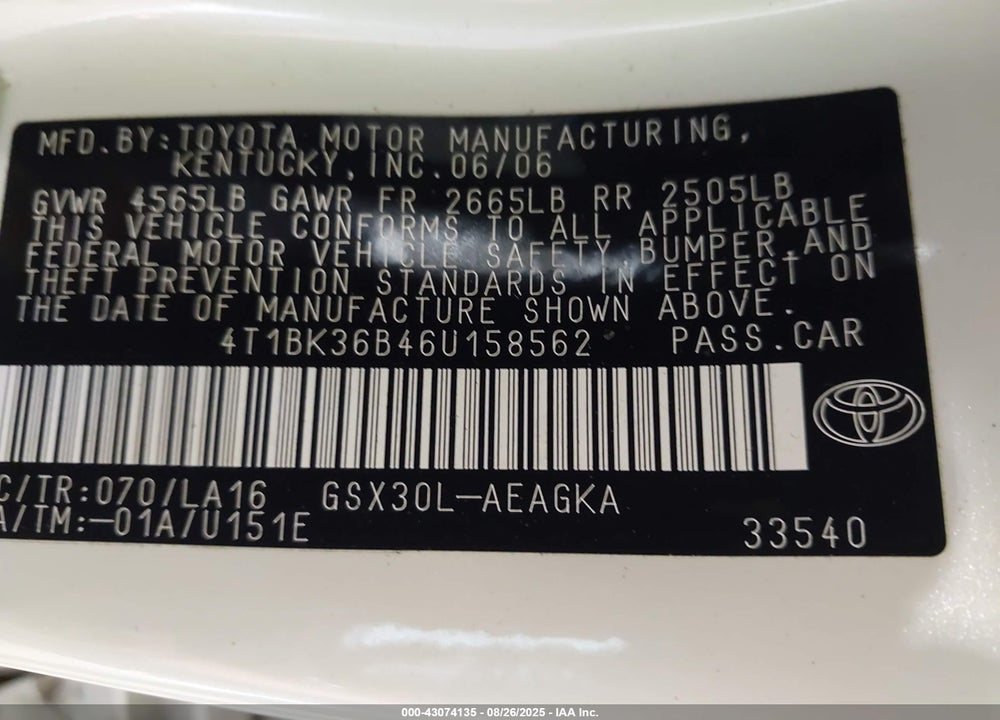 2006 TOYOTA AVALON XLS VIN: 4T1BK36B46U158562
