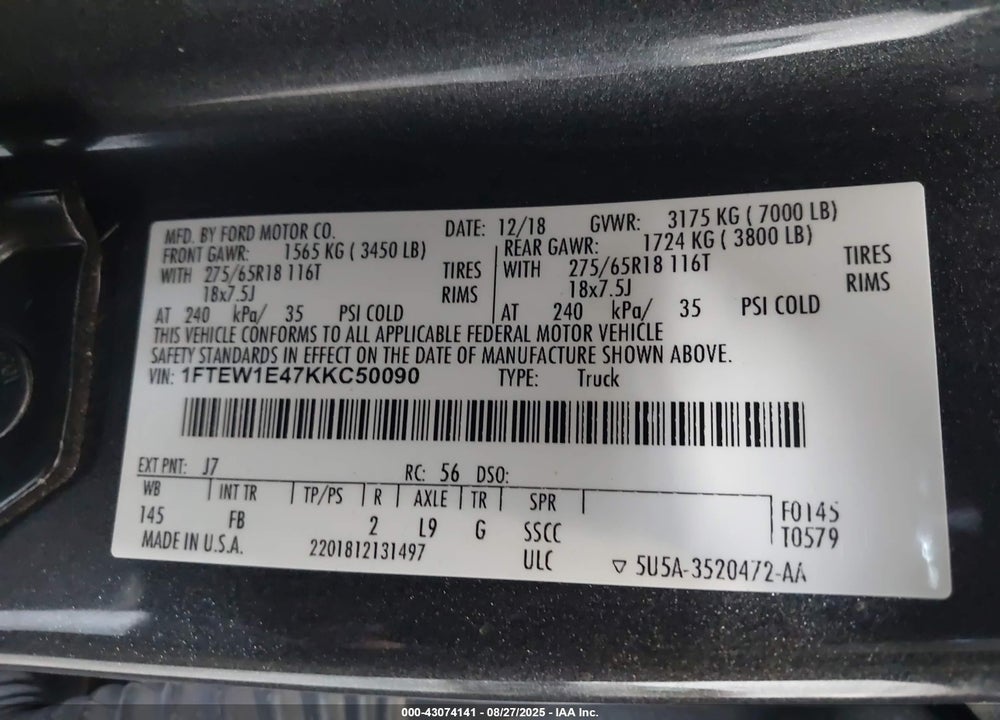 2019 FORD F-150 VIN: 1FTEW1E47KKC50090