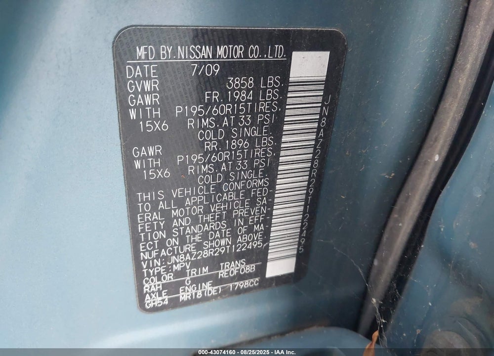 2009 NISSAN CUBE 1.8S VIN: JN8AZ28R29T122495