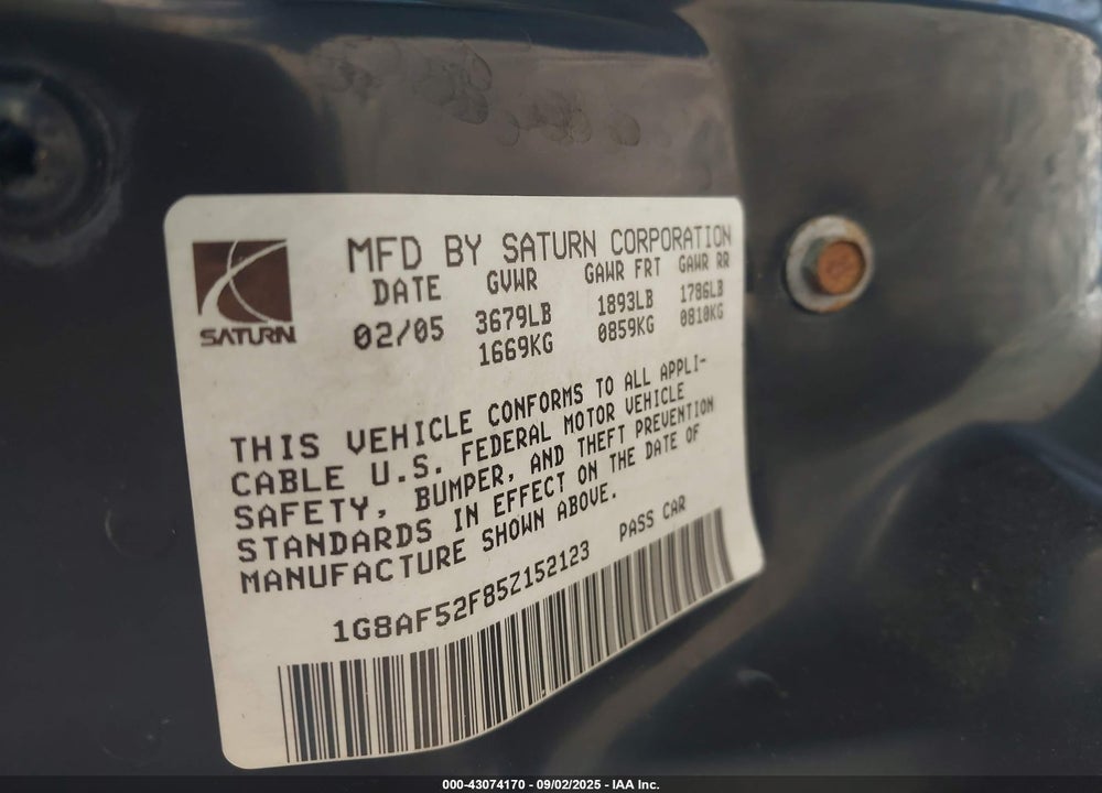 2005 SATURN ION 1 VIN: 1G8AF52F85Z152123