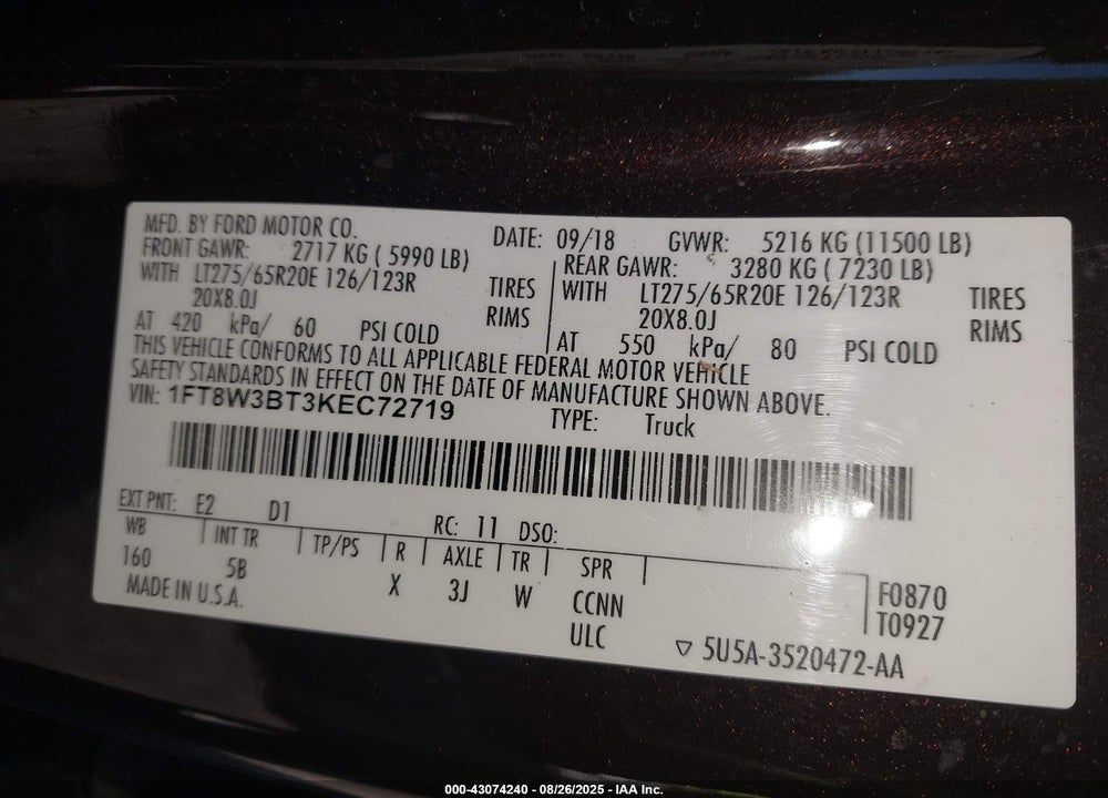 2019 FORD F-350 LARIAT VIN: 1FT8W3BT3KEC72719