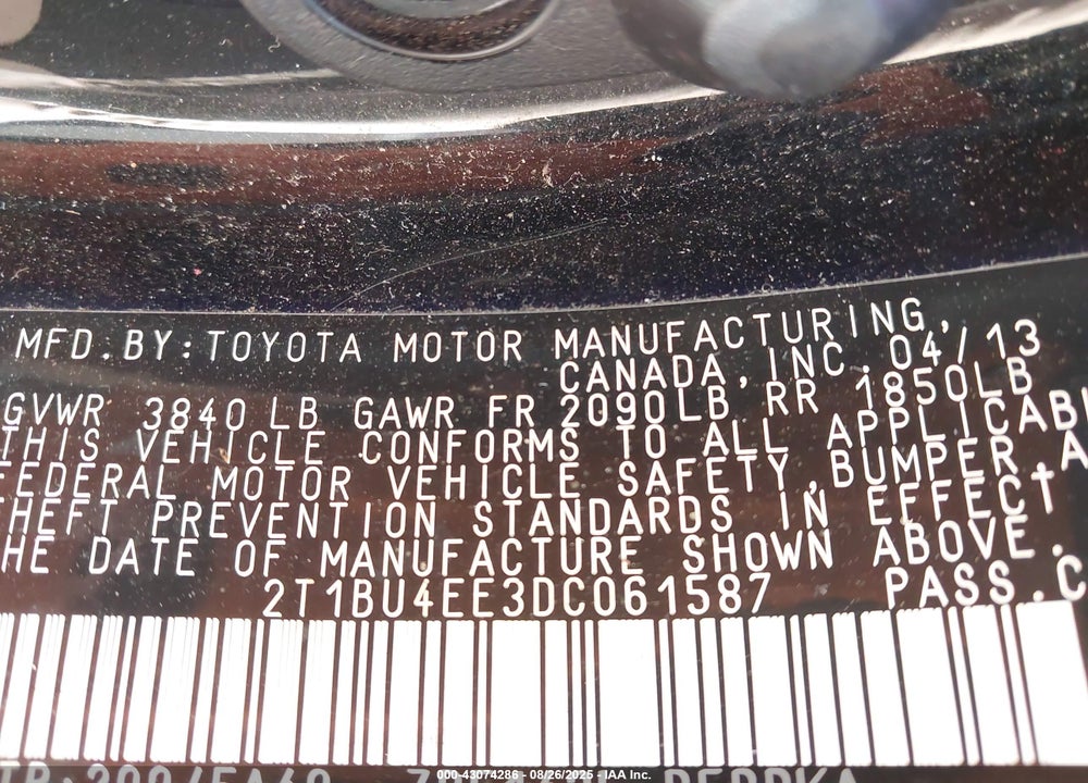 2013 TOYOTA COROLLA VIN: 2T1BU4EE3DC061587