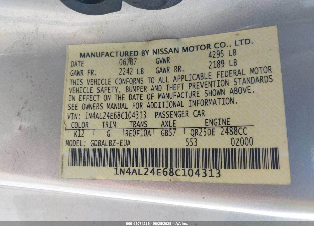 2008 NISSAN ALTIMA 2.5 S VIN: 1N4AL24E68C104313