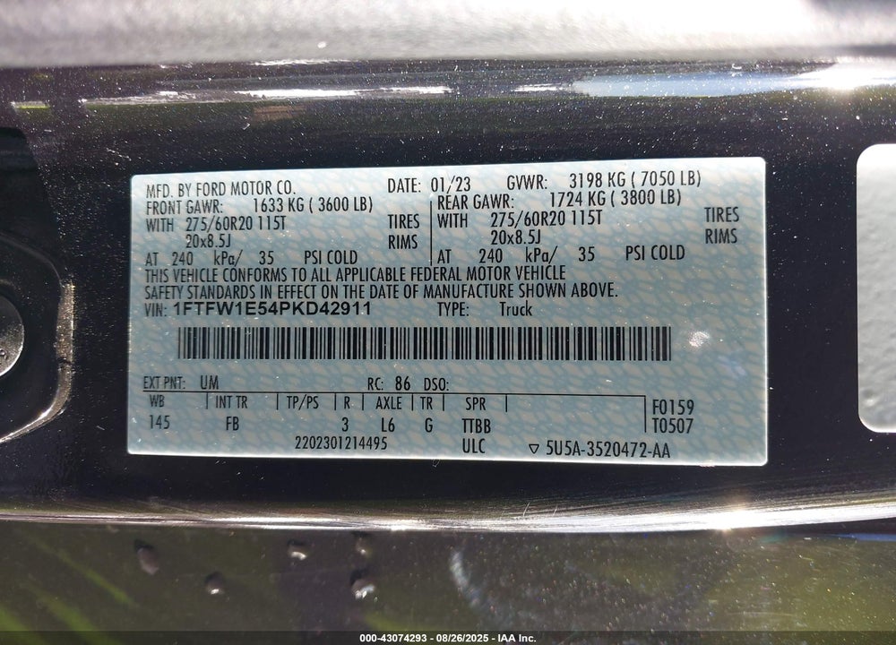 2023 FORD F-150 VIN: 1FTFW1E54PKD42911