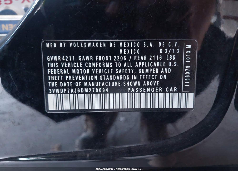 2013 VOLKSWAGEN JETTA VIN: 3VWDP7AJ6DM279094