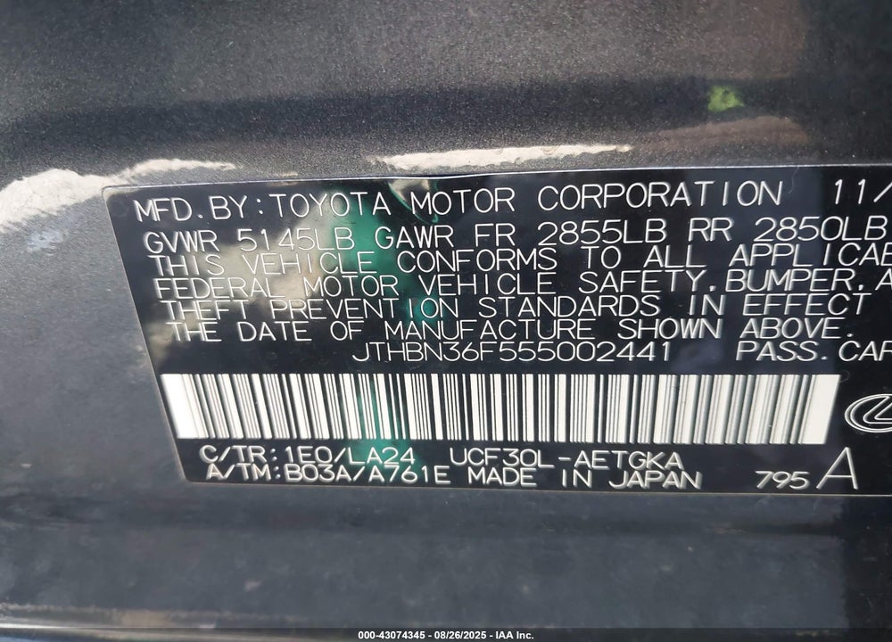 2005 LEXUS LS 430 VIN: JTHBN36F555002441