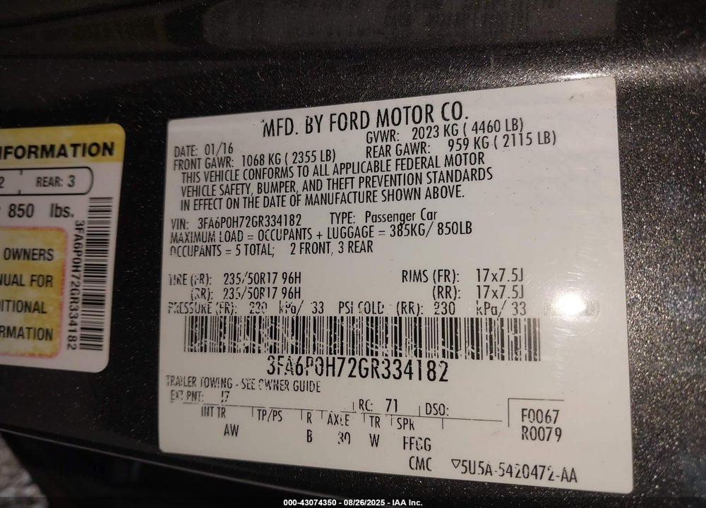 2016 FORD FUSION VIN: 3FA6P0H72GR334182