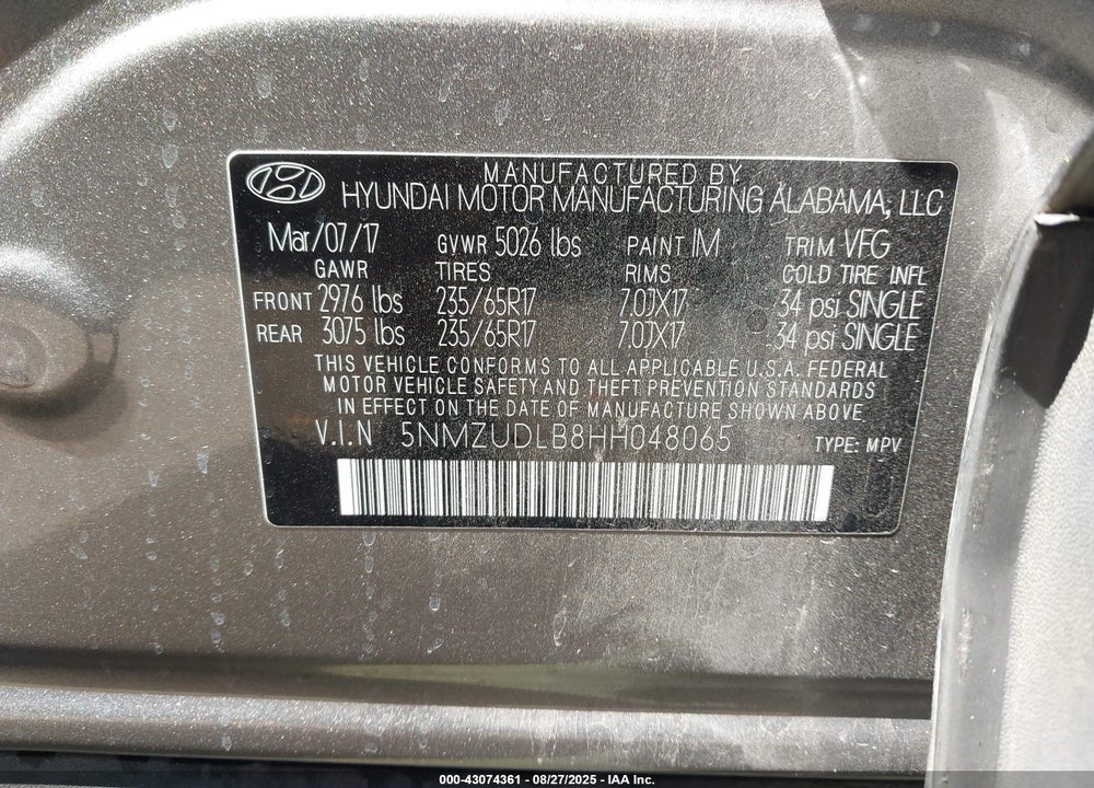 2017 HYUNDAI SANTA FE VIN: 5NMZUDLB8HH048065