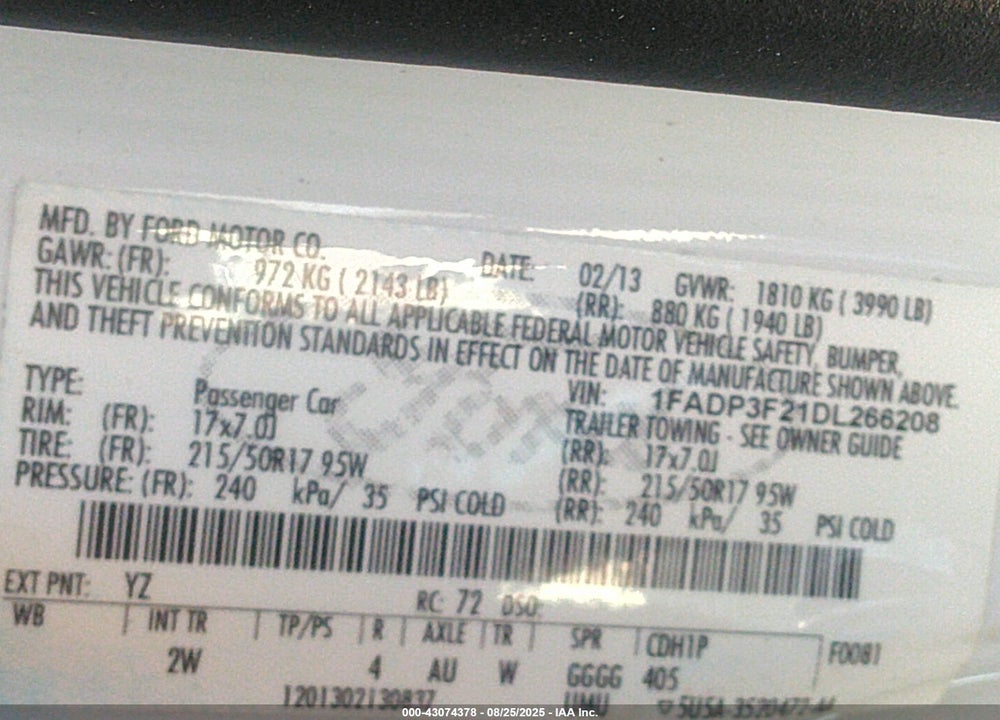 2013 FORD FOCUS SE VIN: 1FADP3F21DL266208