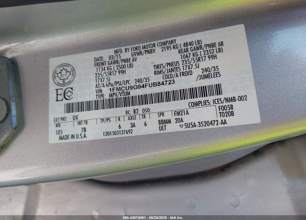 2015 FORD ESCAPE VIN: 1FMCU9G94FUB84723