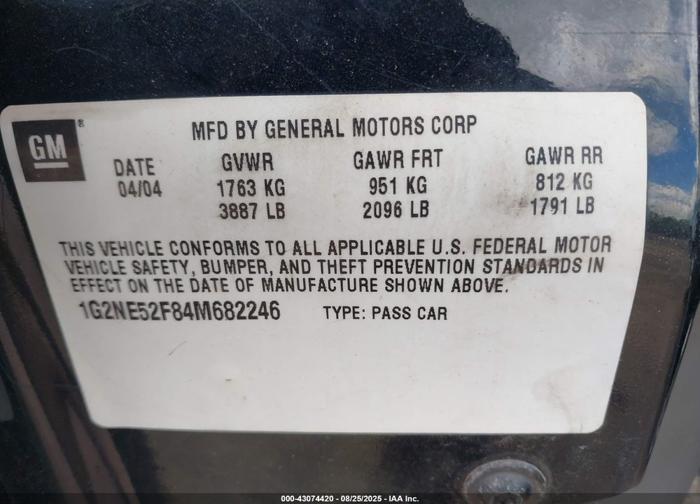 2004 PONTIAC GRAND AM SE VIN: 1G2NE52F84M682246