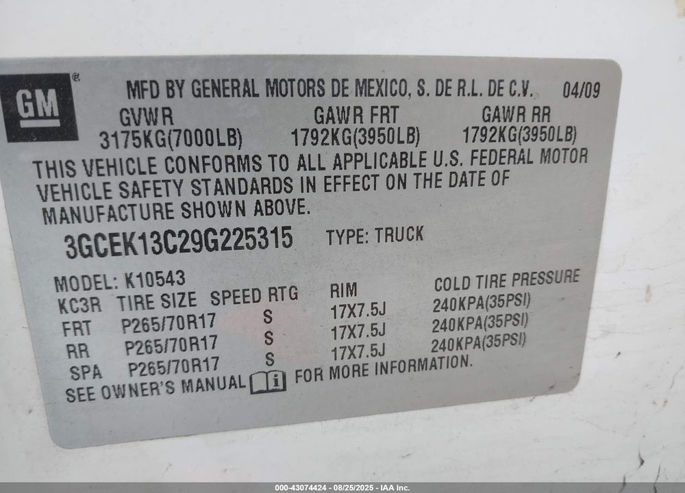 2009 CHEVROLET SILVERADO 1500 VIN: 3GCEK13C29G225315