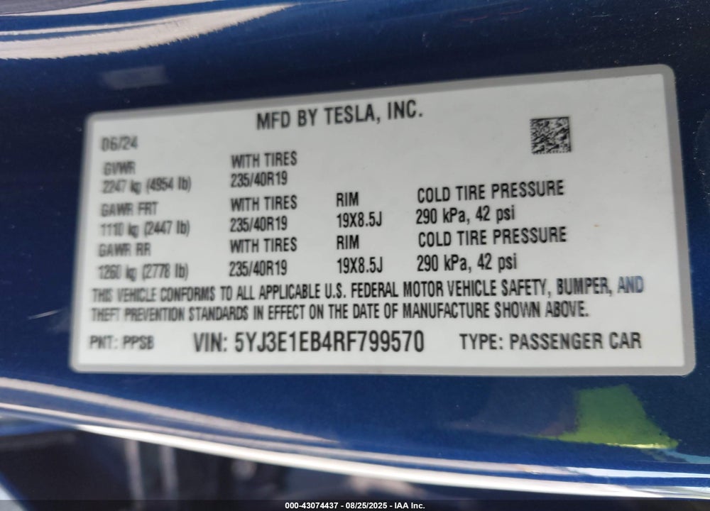 2024 TESLA MODEL 3 VIN: 5YJ3E1EB4RF799570